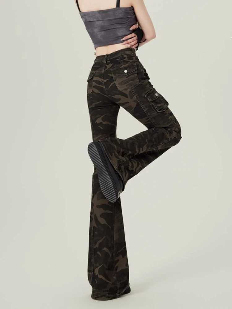 High Waist Jean Women Camouflage Cargo Style Skinny American Streetwear Aesthetic 2000s Y2k Jeans Flare Trousers Designed Chic Z250910