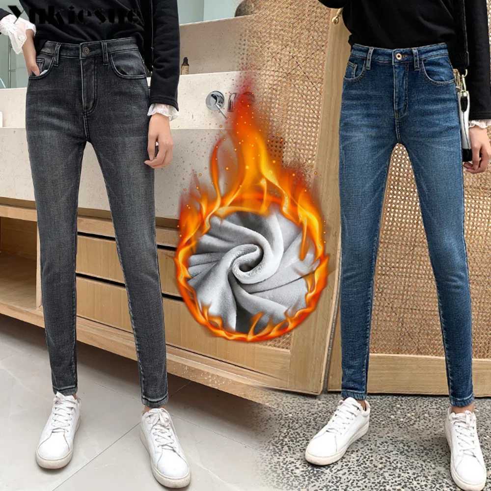 Winter Thick female Velvet Women High Waist Skinny Jeans Simple Fleece Warm Slim fit Stretch Ladies Casual Denim Pencil Pants Z250910