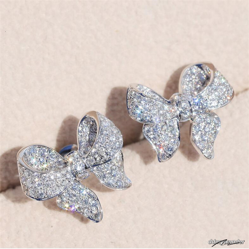 New Arrival Jewelry Sterling Sier Pave White Sapphire CZ Dia Gemstones Bow Party Women Wedding Stud Earring Gift
