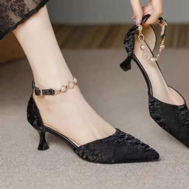 Womens Single Shoes with Pearl Straight Buckle Strap Low Heel Pointed Toe 2025 New Spring Outdoor PU Apricotblack Low Top Shoes W250910