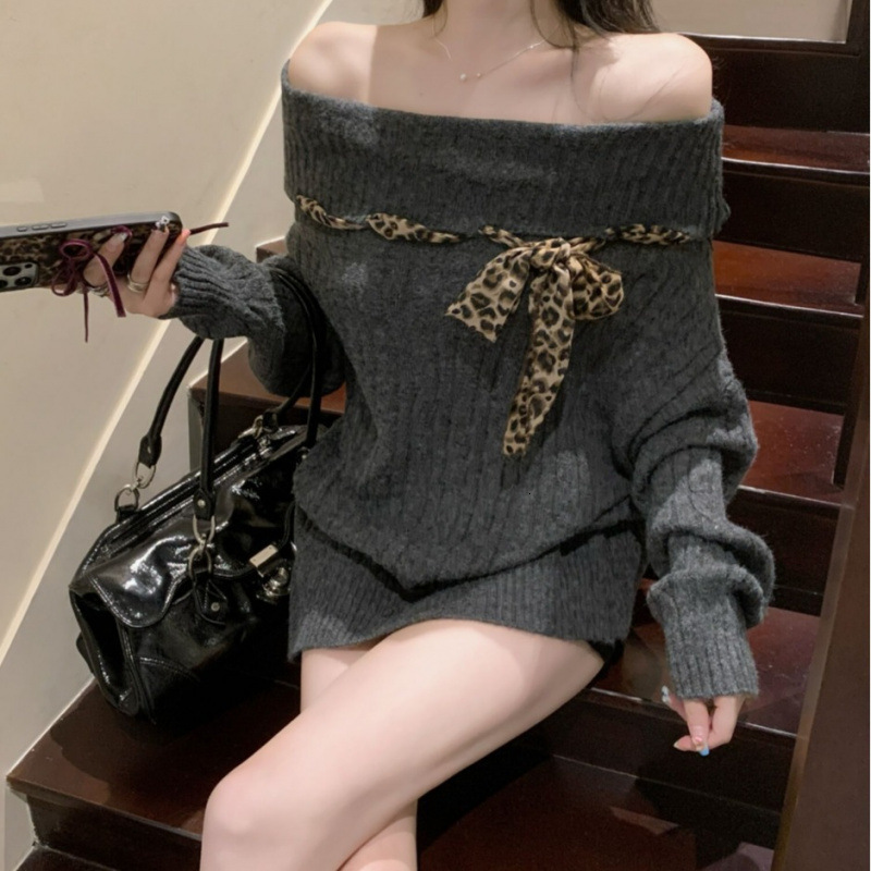 2025 autumn and winter new off shoulder design slim knit sweater Korean leopard design print lace up lazy style women's off shoulder designer pul