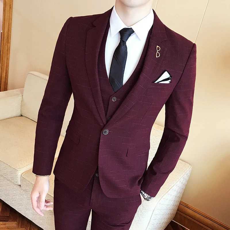 Gray Men Classic StripedChecked Suits Business Office 3 Piece Asian Size Slim Fit Men Dress Jacket Pants with Vest S4XL W250910