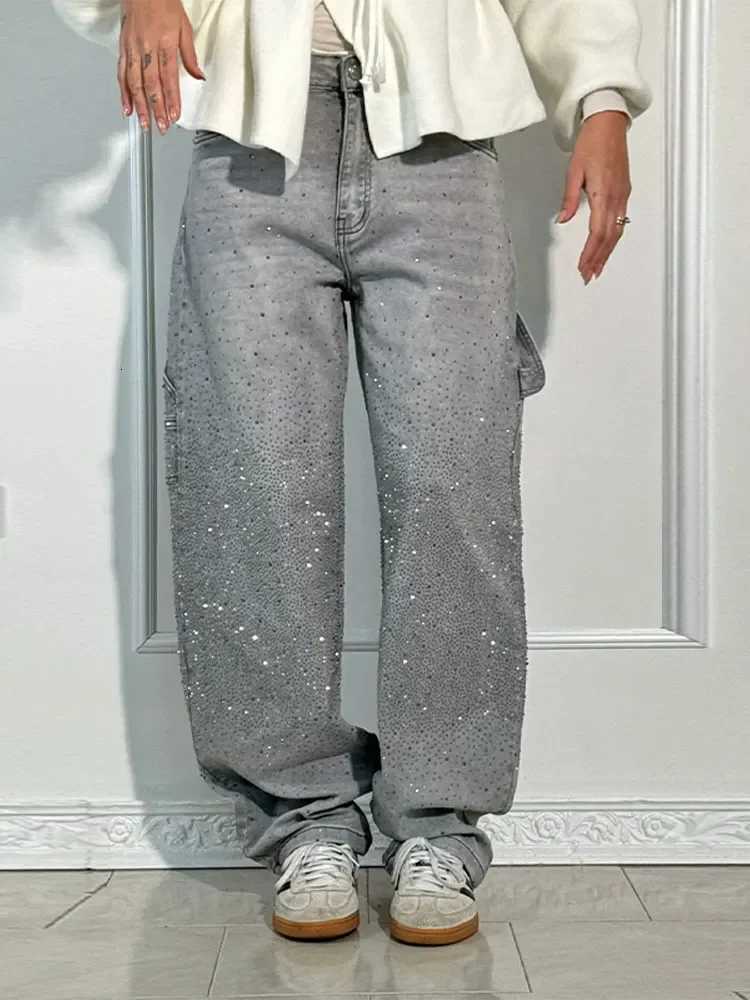 Shiny Rhinestone Baggy Womens Wide Leg Jeans Full Wide Leg Dragging Denim Pants Vintage Washed Pants Casual Trousers Z250910