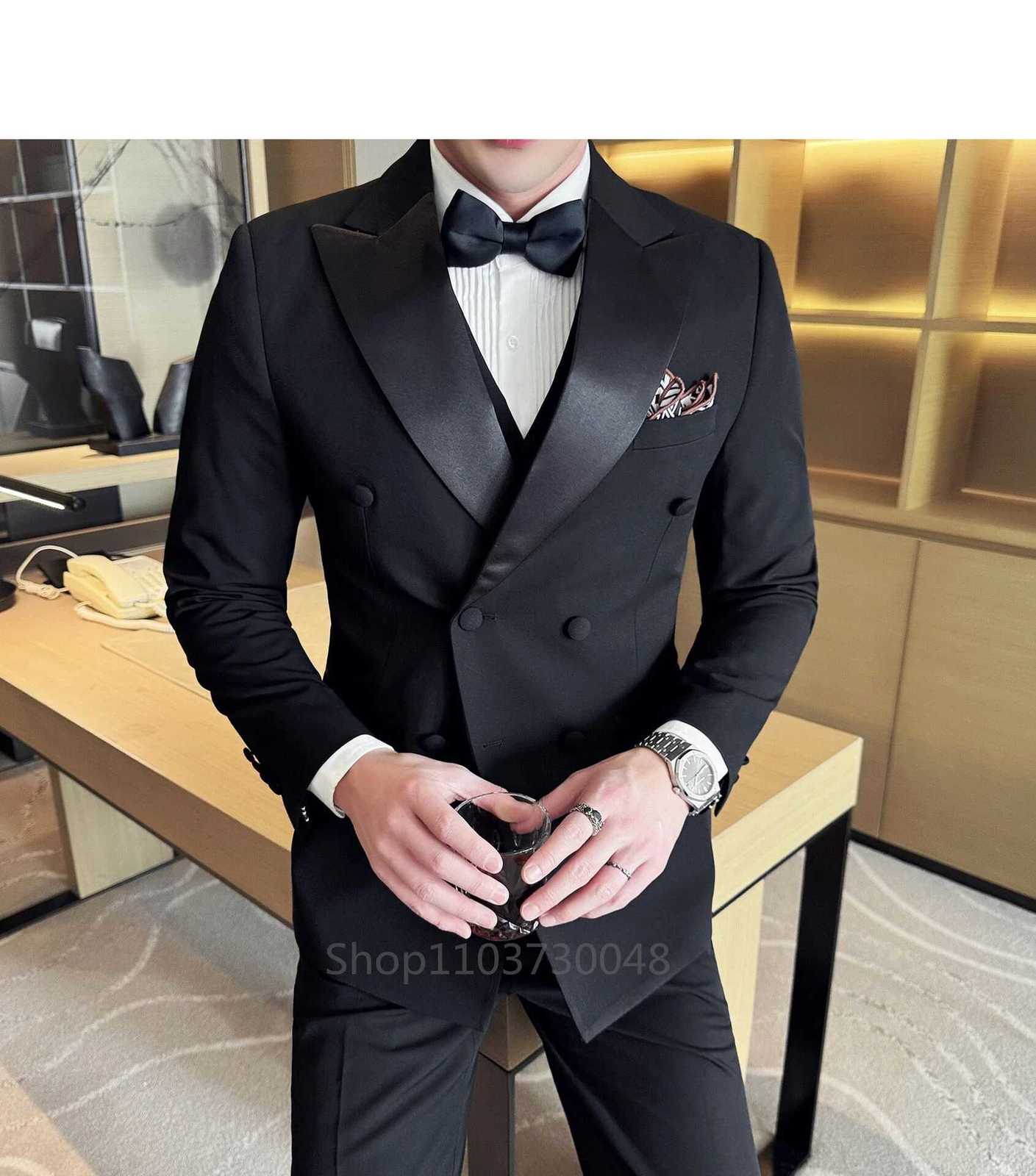 Black Mens 3 Pieces Suit Peak Lapel Double Breasted Jacket Vest Pants Wedding Groom Tuxedos Slim Fit Formal Business Suits W250910