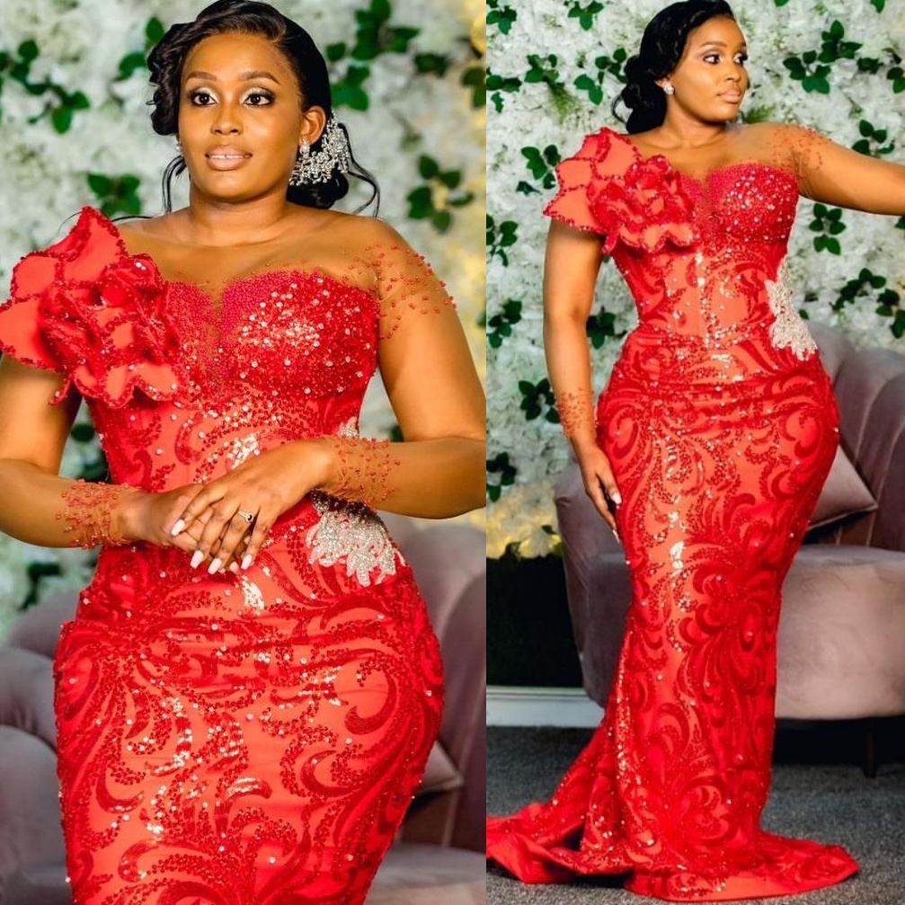 Mermaid Red Prom Dresses 2025 Full Sleeves Beaded Flowers Sequined Lace Evening Formal Party Second Birthday Engagement Gowns Plus Size Dress For Spec