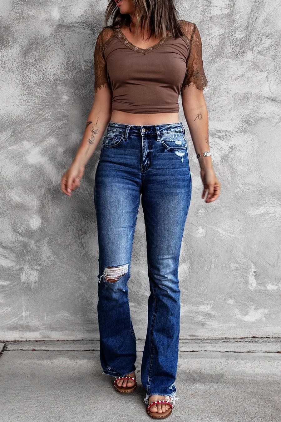 Denims Boot Cut Women Hole Jeans Flare Pants High Waist Distressed Ripped Washed Vintage Streetwear Floor Length Trousers Z250910