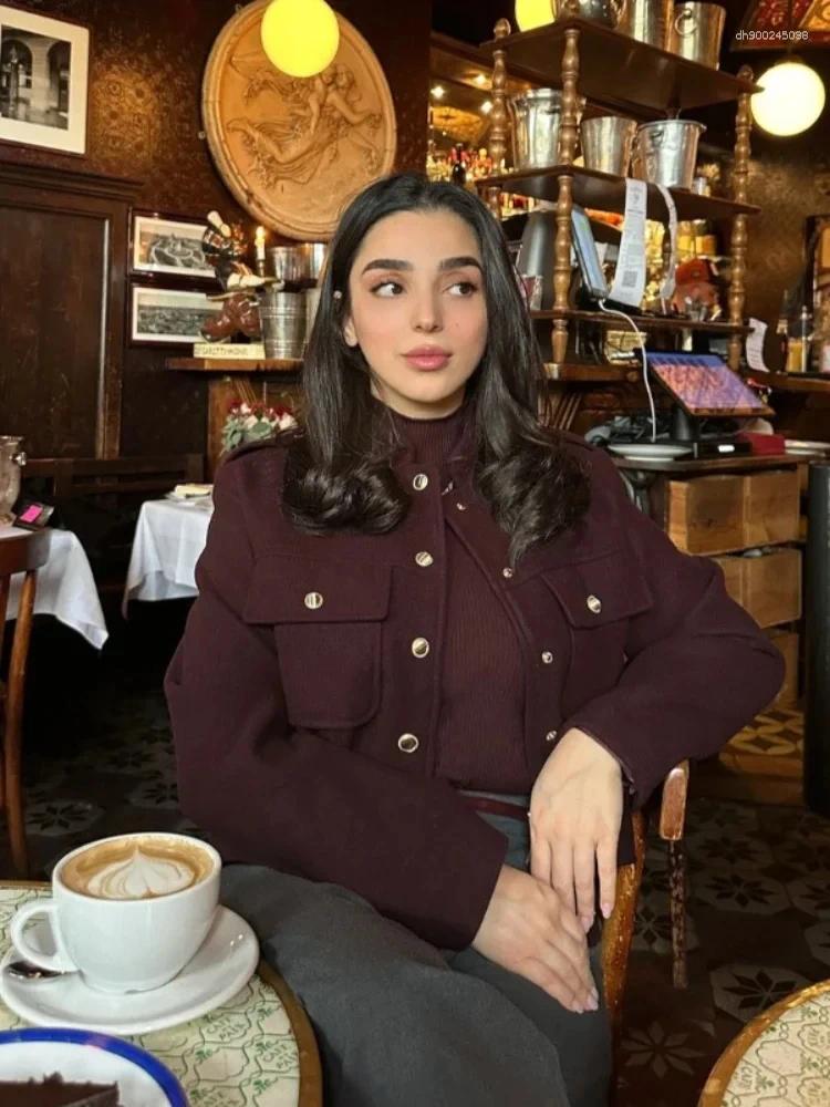 Women's Jackets ZBZA Retro Wine Red Cropped Jacket Stand Collar Long Sleeve Buttoned Epaulettes Patch Pocket Coat Fall Winter