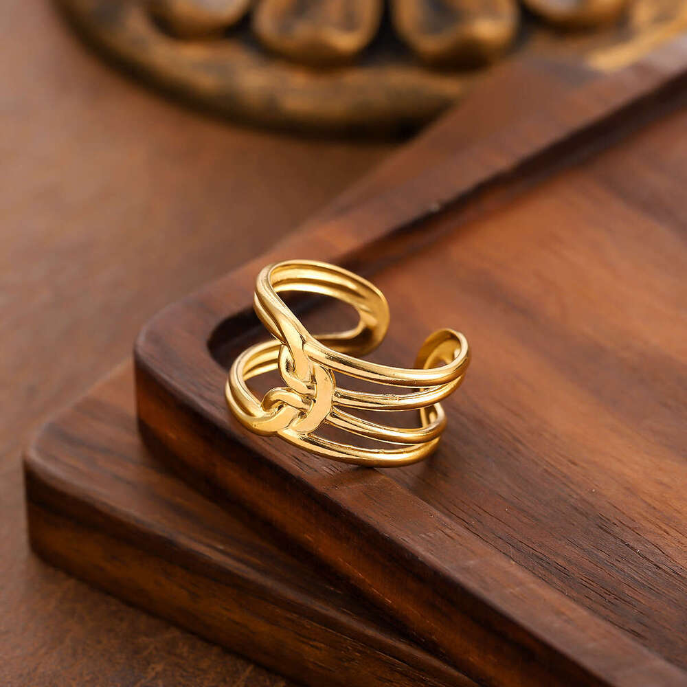 New Elegant Line Knot Design Open Stainless Steel for Women, Vacuum Gold Plated, Non-Fading Ring