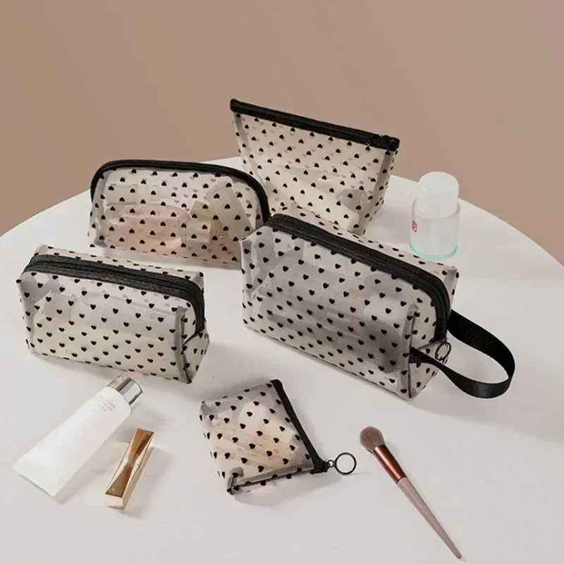 Women Travel Toiletry Wash Makeup Bag Storage Case Zipper Make Up Bags Fashion Black Heart Transparent Mesh Cosmetic BagsXJ250910