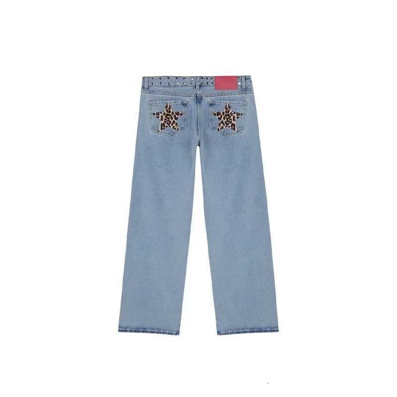Spanish Fashion Colorful Fivepointed Star Pattern Rivet Decoration Light Blue Jeans Womens Autumn Street Hiphop Hottie Outfit Z250910