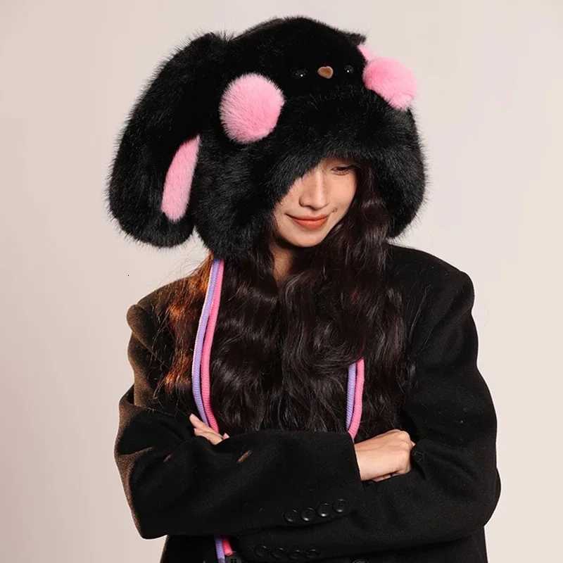 Cute powder blusher bear plush hat warm ear protection Lei Feng hat is suitable for outdoor cold protection in autumn and winterXJ250910