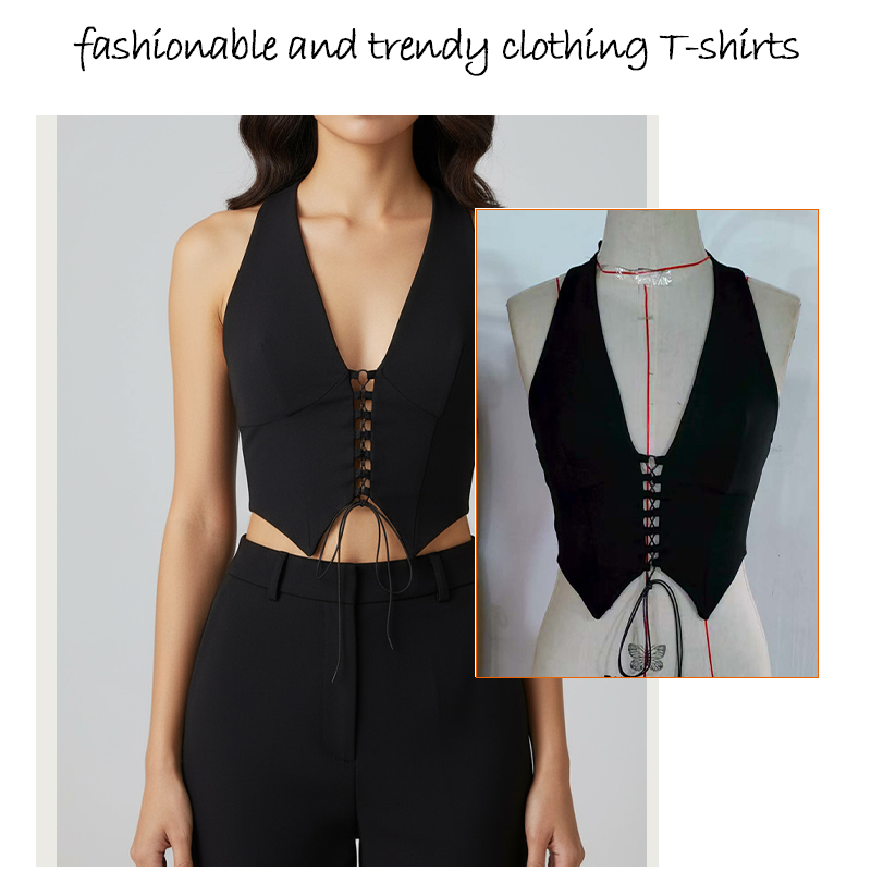 Women's Tanks Women's Black Deep V Neck Lace - Up Corset Crop Top, Sleeveless Trendy Party Clubwear