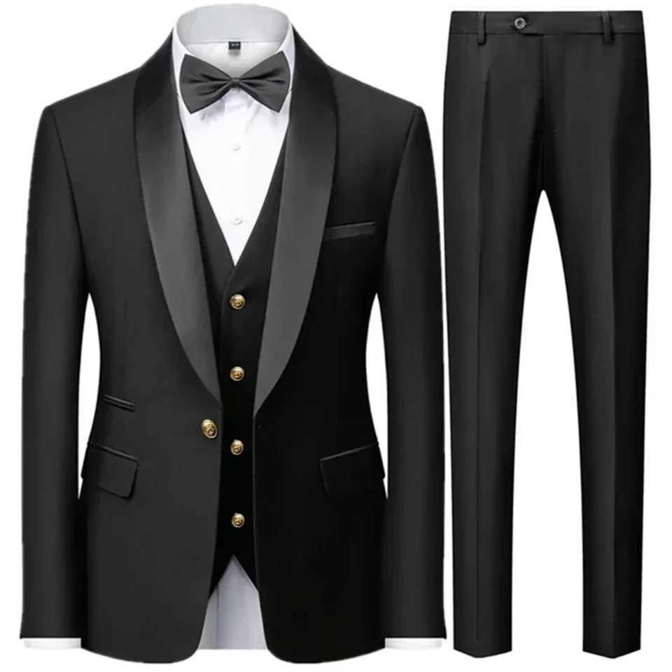 3 Pieces Set Mens Business Blazers Coat Male Slim Fit Color Matching Collar Suit Tuxedo Leisure Jacket Pants Vest Wedding W250910