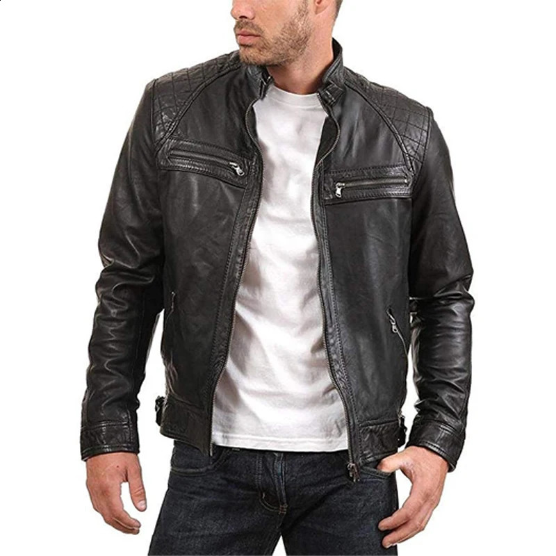Men s Retro Leather Jacket Stand Collar Biker Slim fit MultiPocket Coat Autumn Winter Outwear 250910