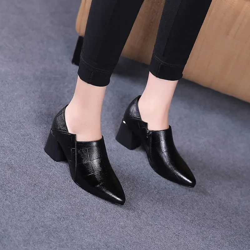 Highheeled Shoes Womens 2025new Allmatch Thickheeled Pointed Leather Shoes Midheeled Black Professional Shoe Womens Shoes W250910