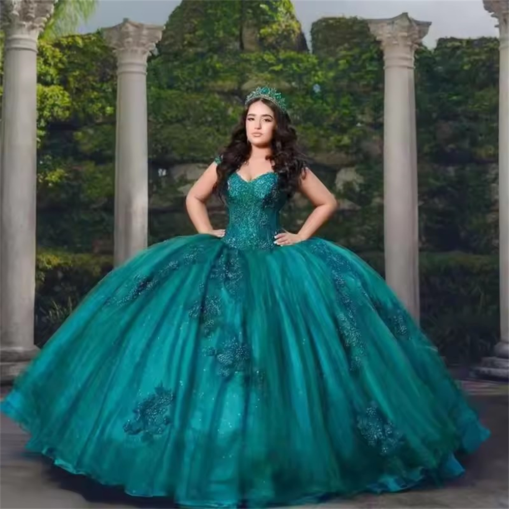 Ball Gown Quinceanera Dresses Green Off Shoulder Glittering Tulle Lace Deep V-Neck Customized Sweet 15 16 Princess Birthday Party Gowns Vestidos De 15