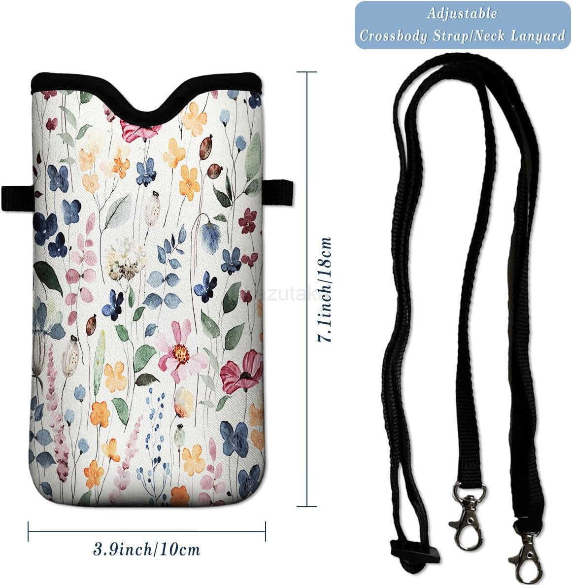 Neoprene Cell Phone Pouch 71 X 4 in Mobile Protection Case Bag with Crossbody StrapNeck Lanyard Luxury Flowers Leaf Printed Pattern Z250910