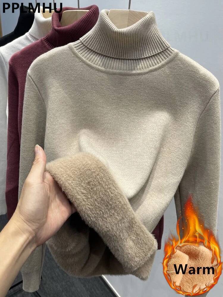 Thicken Veet Turtleneck Sweater Women Korean Fashion Lined Warm Sueter Knitted Pullover Slim Top Winter Jersey Knitwear Jumper dongdumaoyi