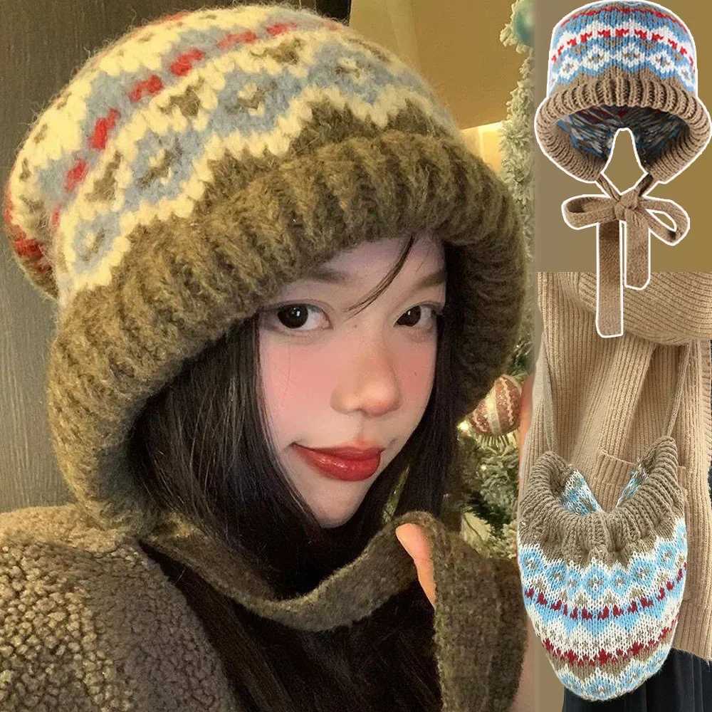 Striped Spld Knitted Briml Hat Ethnic Retro Style Woolen Hats Autumn Winter Thickened Warm Resistant Ear Protection CsXJ250910