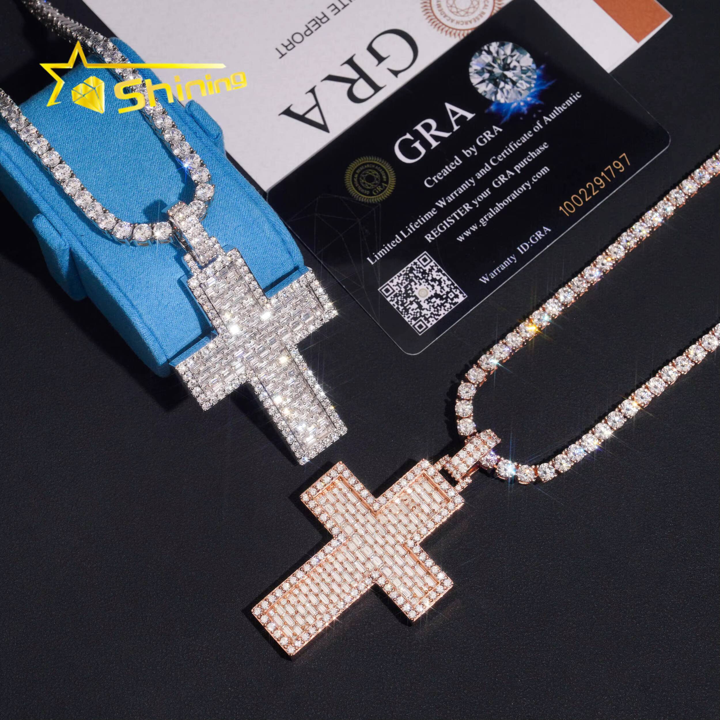 18K Gold Plated VVS Baguette Moissanite 925 Silver Fully Iced Out Pass Diamond Tester Moissanite Cross Charms Fine Jewelry