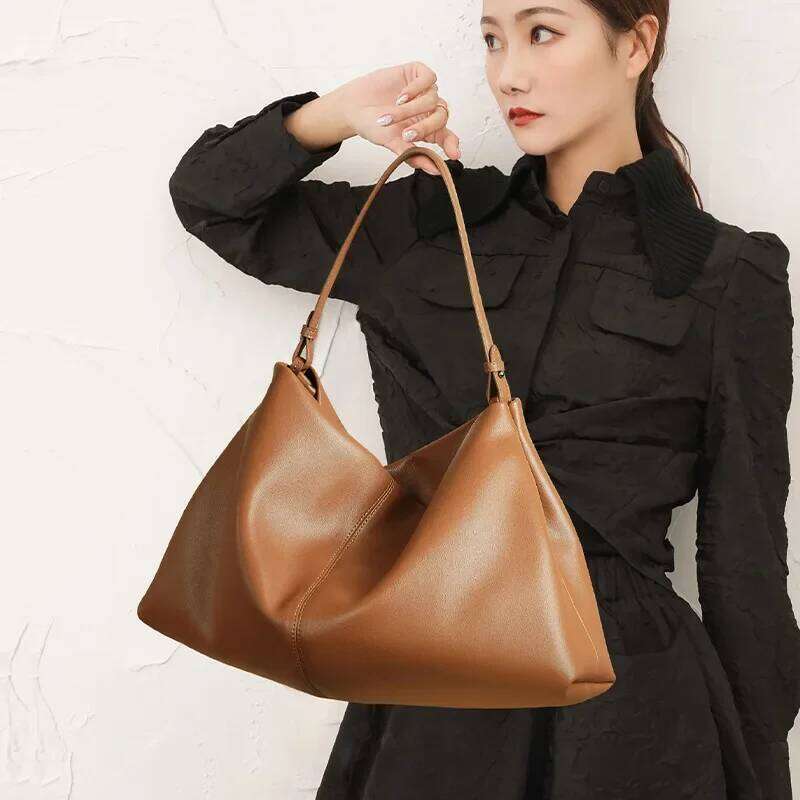 Business Huge Travel Tote Coffee Brown Color Slouchy Style Soft Cowhide Leather Women Shoulder Bag Work Handbag