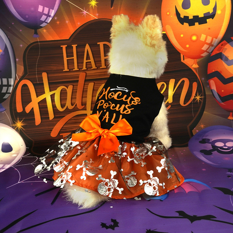 Halloween Dog Dress with Hocus Pocus Y'all Print, Silver Skeleton Skull Pattern Tutu Skirt & Big Orange Bowknot, Perfect for Halloween Parties, T