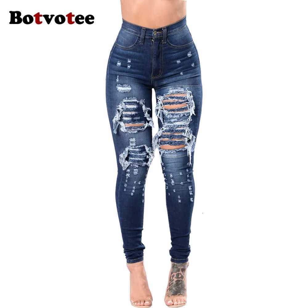 Botvotee Ripped Skinny High Waisted Pencil Jeans for Women Casual Y2K Streetwear Denim Pants Dark Blue Elastic Jeans Woman Z250910