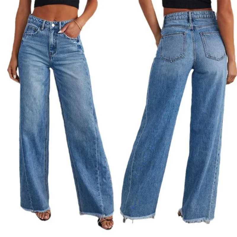 Spring Summer New Womens Clothing Solid Color Loose Wide Leg Side Seam Stitching Frayed Hem Jeans Z250910