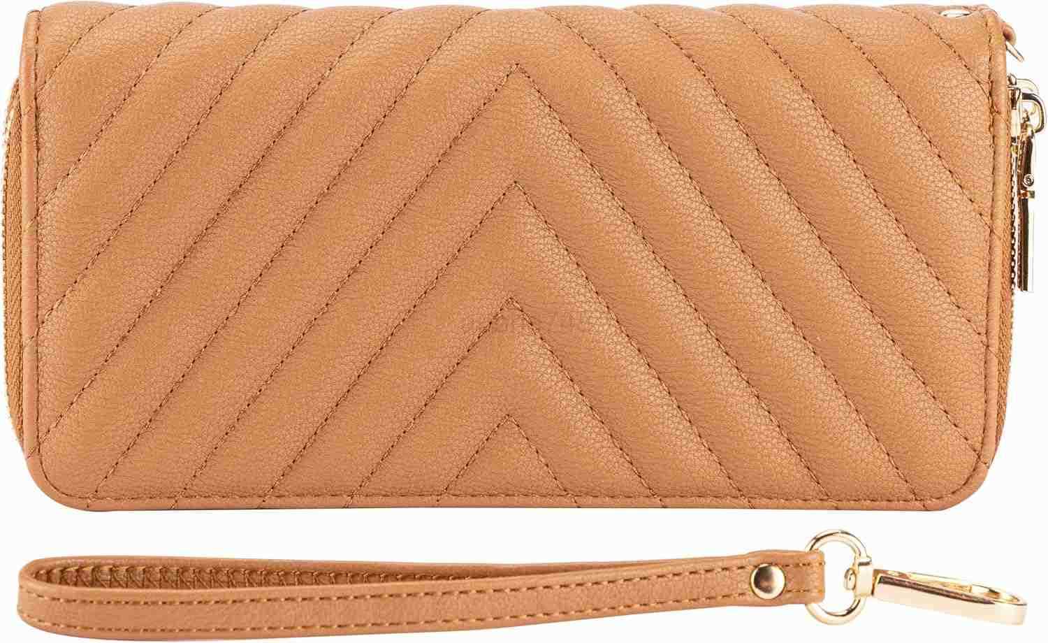 Vegan Leather Double Zipper Pocket Wallet with Grip Hand Strap Chevron Embroidered BlackZ250910