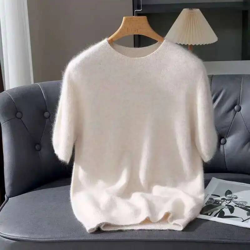 100% Mink Cashmere Knit Sweater Men's T-Shirt Spring Summer Loose O-Neck Solid Color Casual Business Base Pullover Short Sleeve dongdumaoyi