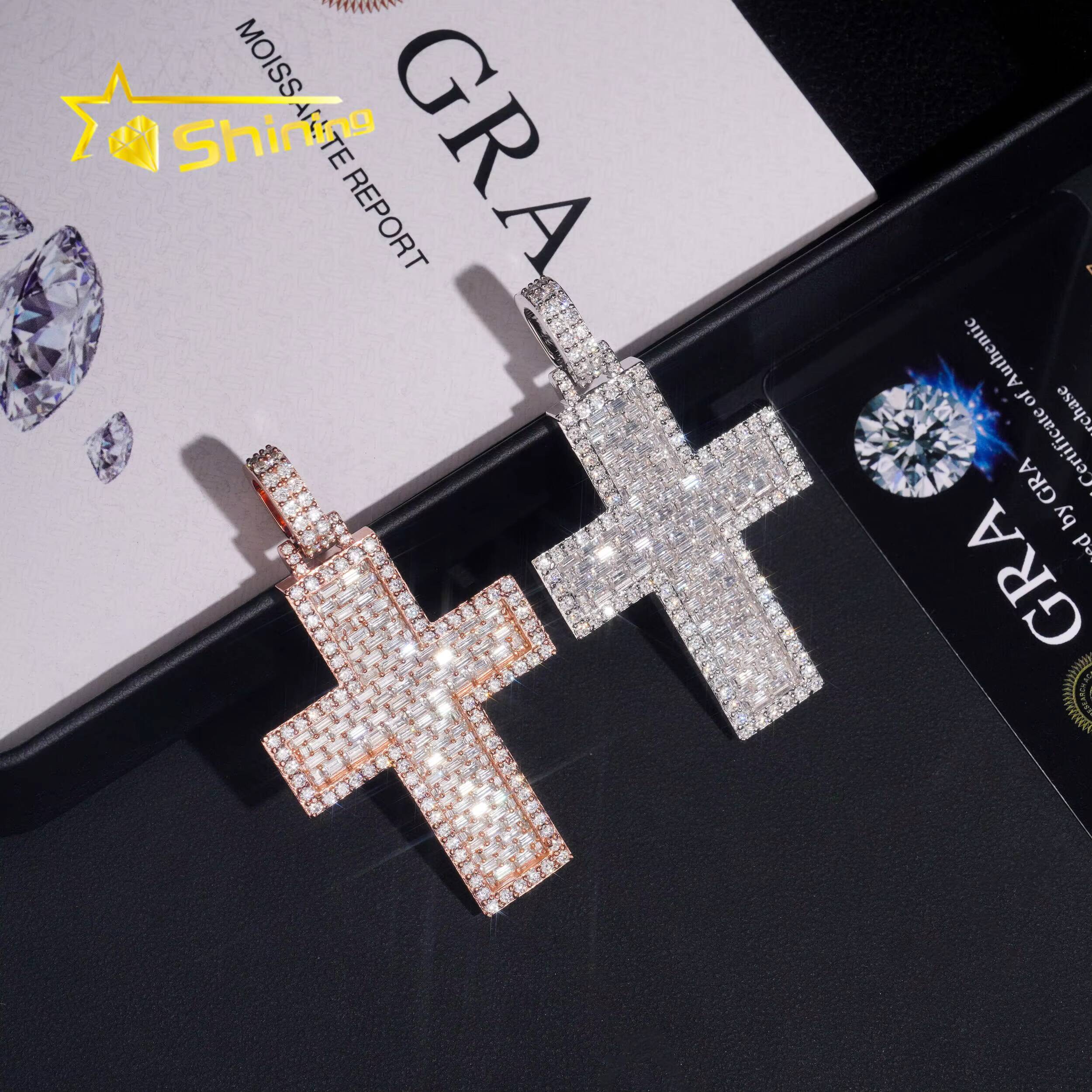 18K Gold Plated VVS Baguette Moissanite 925 Silver Fully Iced Out Pass Diamond Tester Moissanite Cross Charms Fine Jewelry
