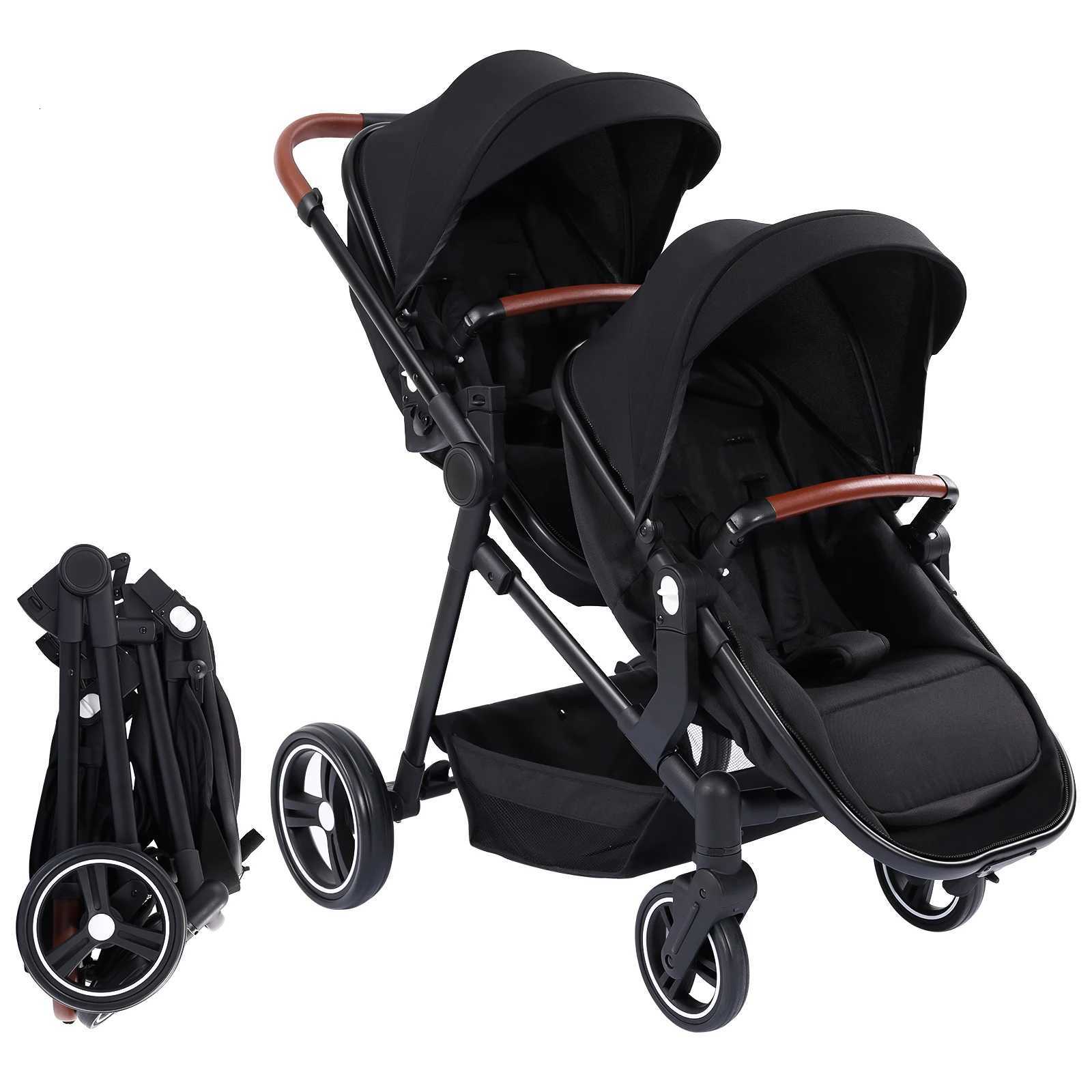 Double Stroller Track Tandem Stroller for Infant and Toddler Foldable Pushchair Bassinet Pram MultiPosition Reversible W250910