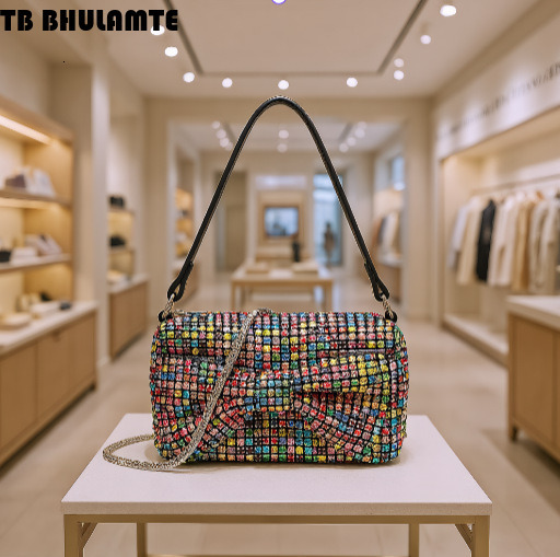 Free Shipping Designer Bag 2025 New Classic Small Square Bag Bowknot Evening Handbag Rhinestone Luxury Bag Clutch Shoulder Bag Full Rhinestone Banquet