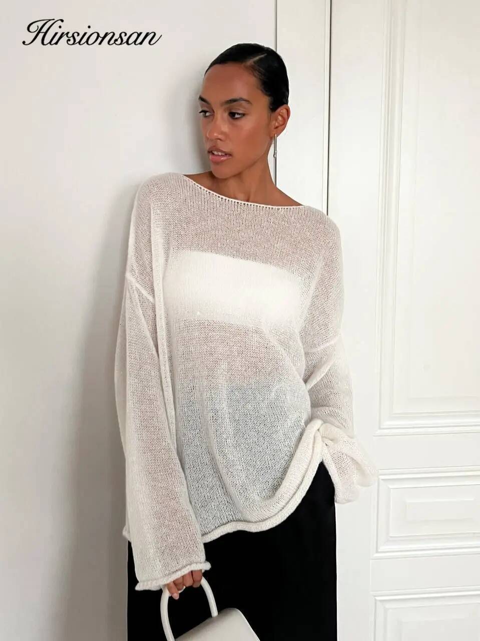 Hirsionsan Elegant Sweater 2024 Summer Autumn Casual Fashion Loose Women Pullovers Chic Pink White Jumper Sueter Mujer dongdumaoyi