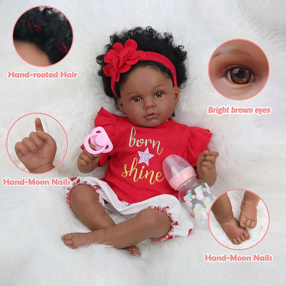 50cm Baby Doll Like Real Reborn Black Girl Realistic Painted Babies Silicone Vinyl African American Soft Cloth Body Rooted Hair 250909
