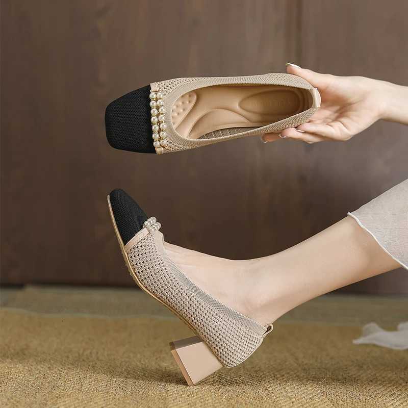 Womens shoes breathable hollow knit fashionable and beautiful bow tie beaded high heels for spring and autumn 20235cm high W250910