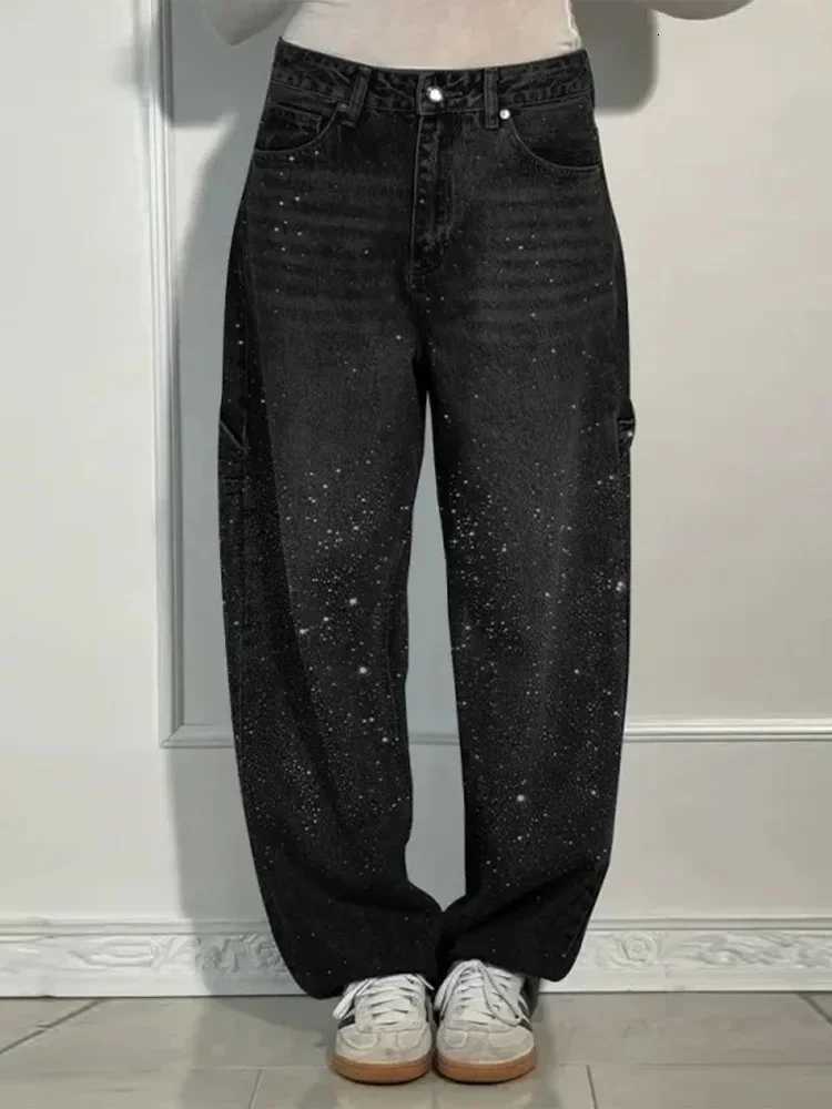 Shiny Rhinestone Baggy Womens Wide Leg Jeans Full Wide Leg Dragging Denim Pants Vintage Washed Pants Casual Trousers Z250910
