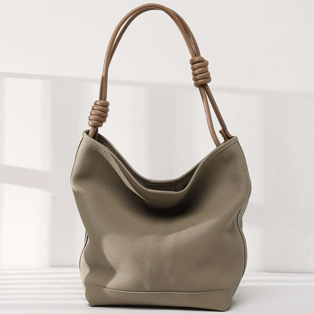 Designer Top Layer Cowhide Bucket For Women New Tote Bag With Braided Rope Soft Genuine Leather Lazy Style Underarm Bag Handbag