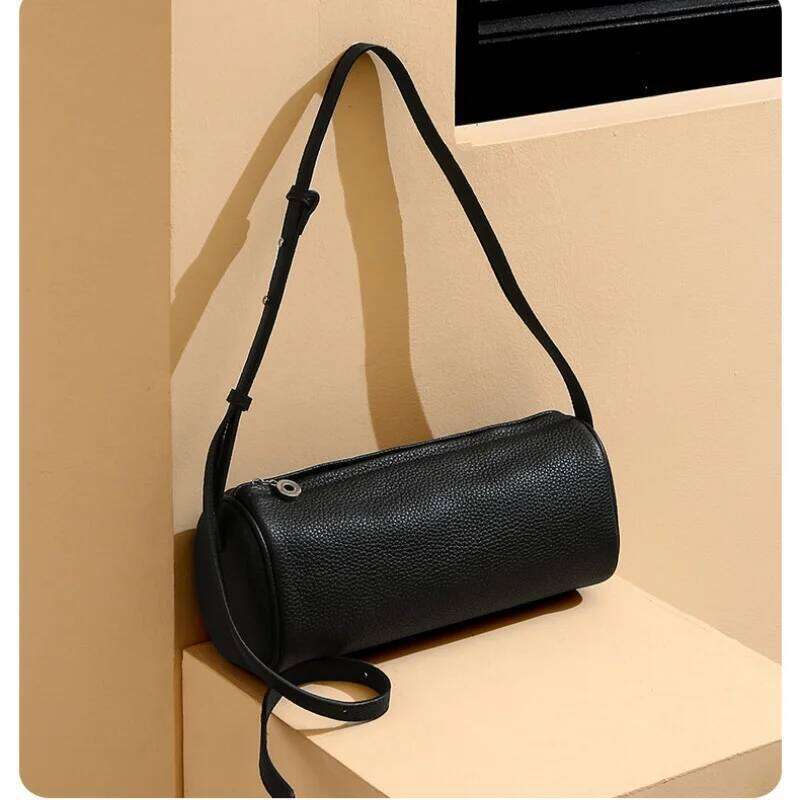 2025 Simple Designer Horizontal Cylinder Barrel-Shaped Flap Women Cowhide Leather Shoulder Solid Color Bags Crossbody Purse