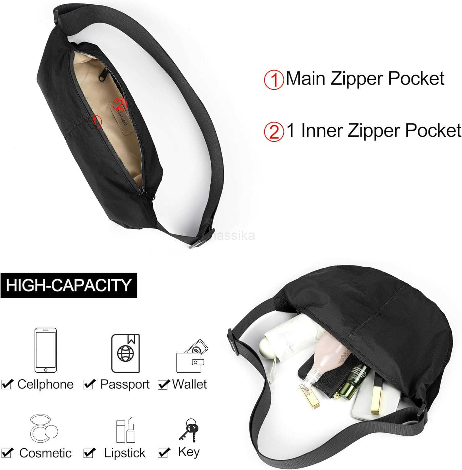 Nylon Crossbody Bag For Women Men Casual Lightweight Crescent Shoulder Hobo Purse With Wide Adjustable Strap M250910
