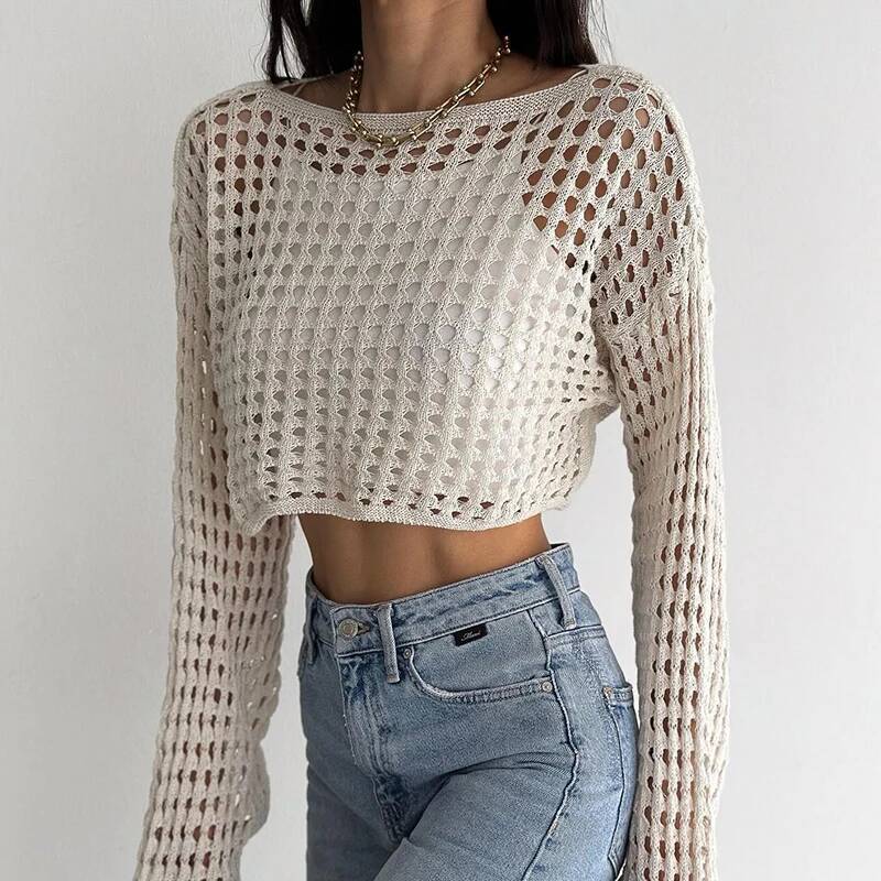 Fishnet Crochet Top Long Sleeve Crop Pullover Women Summer Cover Up Open-knit Blouse Y2K Grunge Outfit dongdumaoyi