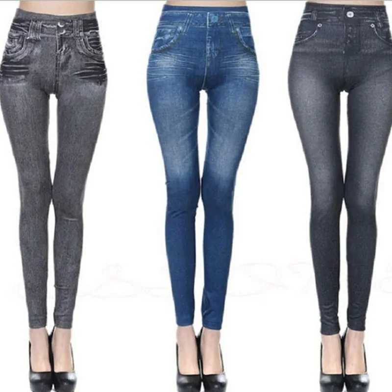 1pcs Womens Denim Print Leggings Females Fashion Slim Leggings Faux Jeans Leggings Lady Stretch Printed Tights Black Blue Pants Z250910