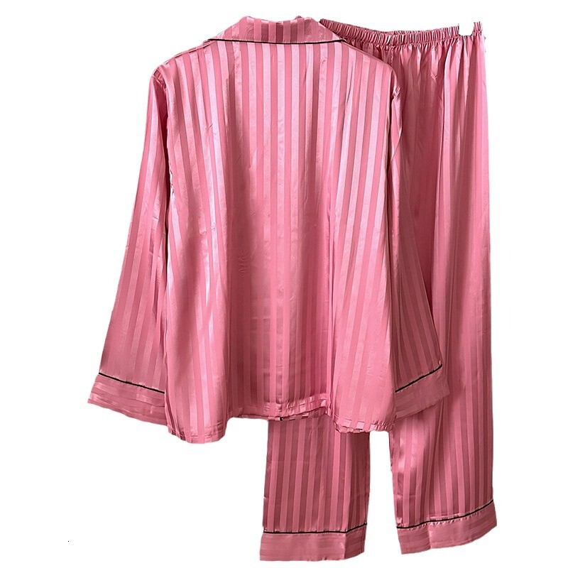 New Ice Silk Women's Pajamas Barbie Pink Striped Collar Long Sleeve Pants Home Clothes Set Autumn/Winter New Designer Pajamas