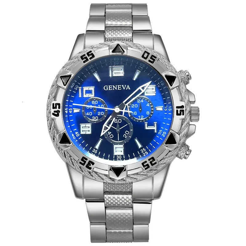 Blue light iride-colored glass men's watch, steel band quartz watch, digital engraving vacation three-eye watch W250704