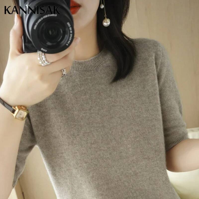 2025 Spring Summer Womens Sweater Short Sleeve O-neck Slim Fit Knitted Pullovers Bottoming Casual Knitwear Camel Pink Clothes dongdumaoyi