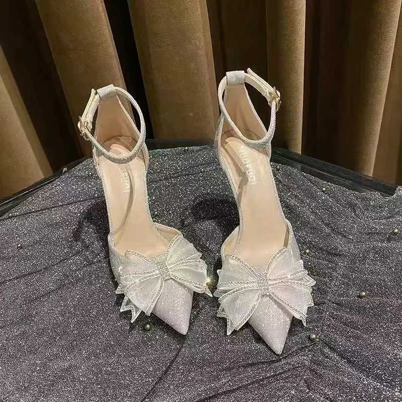Elegant Silver High Heels Pumps Women Autumn Plus Size 42 Ankle Straps Party Shoes Woman Pointed Toe Bowtie Wedding Shoes W250910