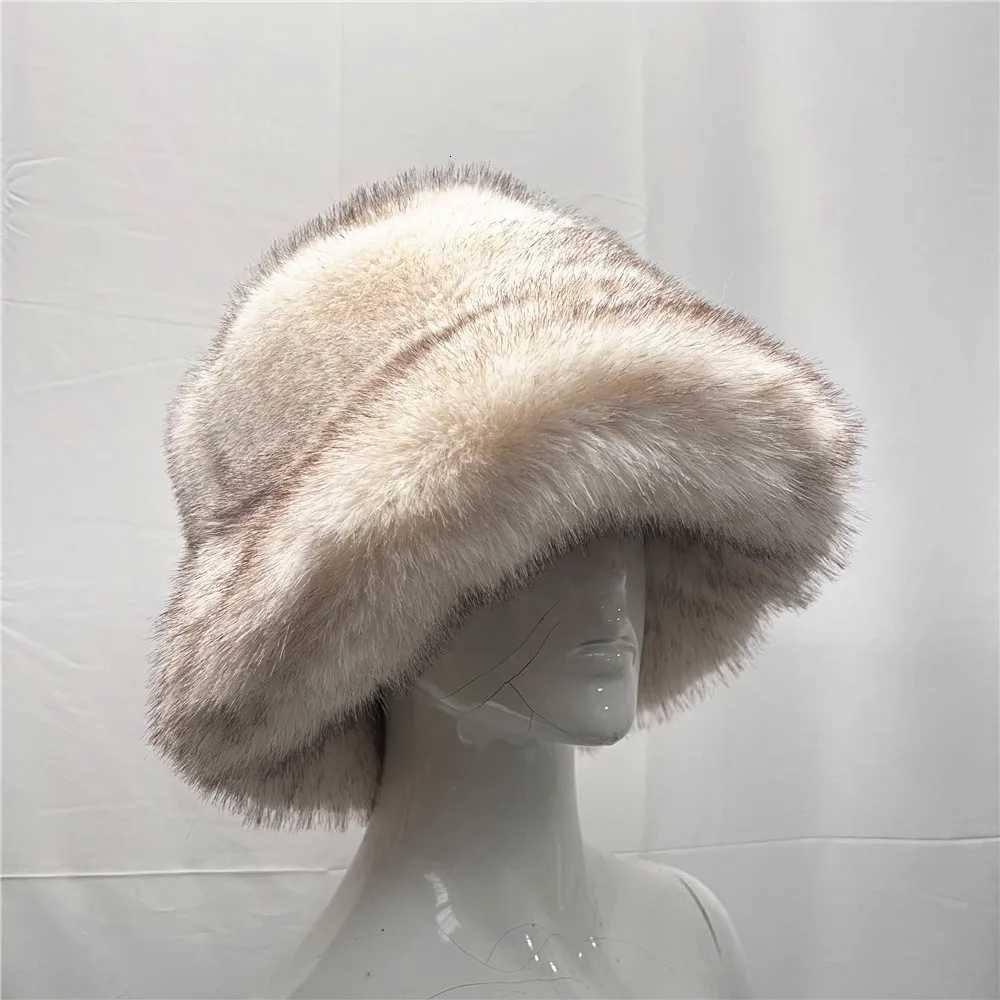Big Faux Fur Hat Women Elegant Autumn Winter Fur Luxury Fashion Party Panama Fisherman Hat Warm Bucket Hat 2023XJ250910