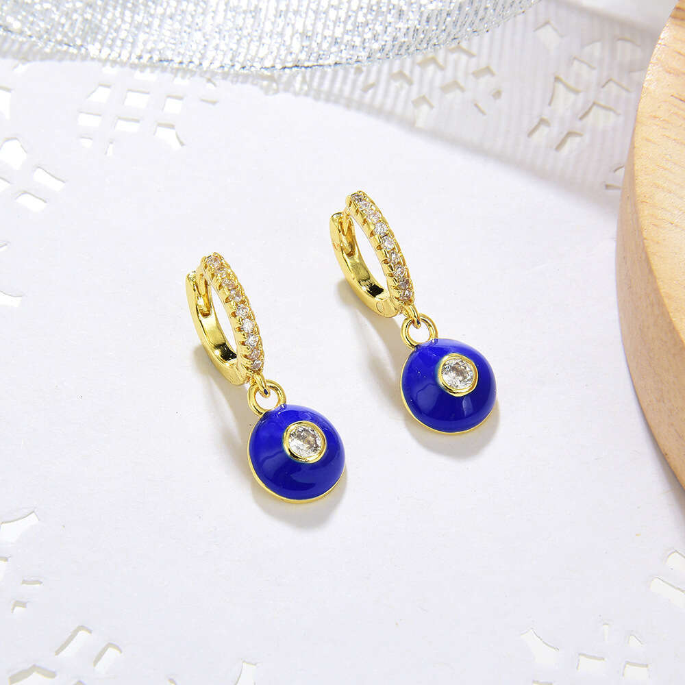 Ethnic Style Geometric Round Copper Micro Inlaid Zircon Gold for Women Fashion OL Oil Drop Earrings Single Sale