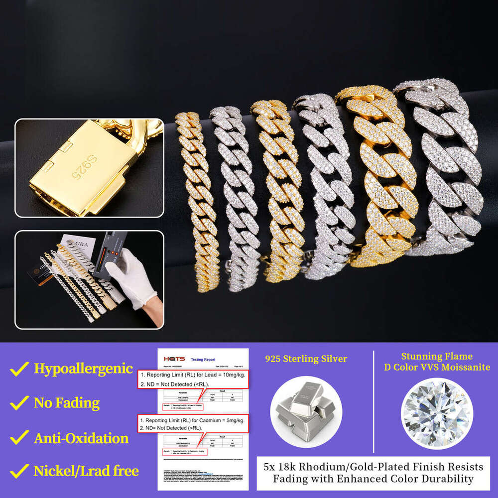 High Quality Men Miami 8 10 12 14 18 20mm Gold Plated Sier Iced Out Vvs Mossanite Moissanite Dia Cuban Link Bracelet