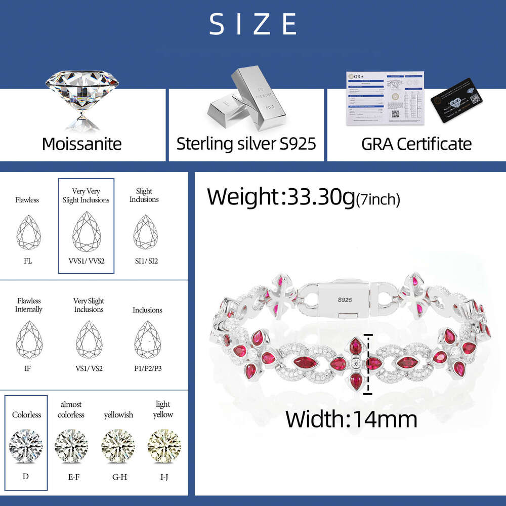 Fine Jewelry Men 10mm 14mm Sterling Sier VVS Moissanite Dia Colorful Moissanite Four Leaf Clover Infinity Link Bracelet
